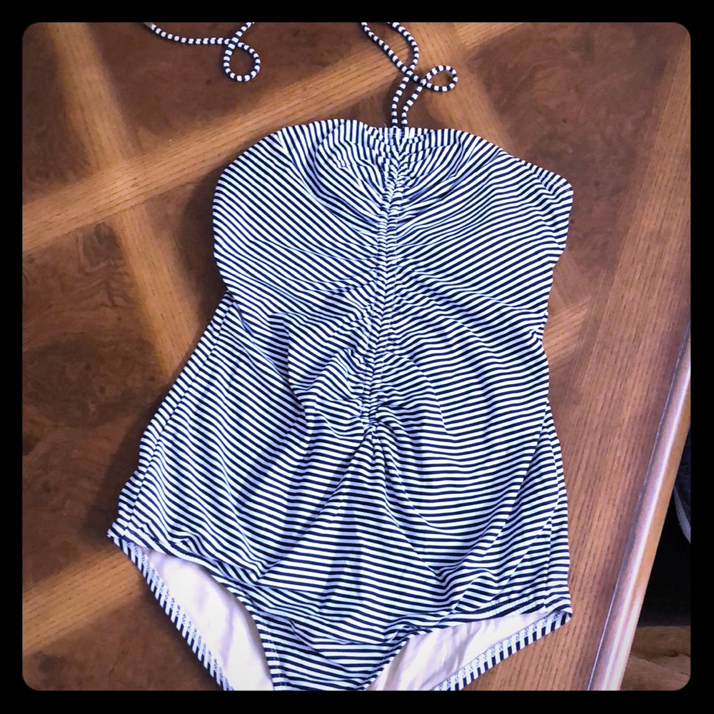 Navy and white striped maternity bathing suit